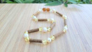 Fresh water pearls with Lemon Baltic Amber & Hazelwood 32cm Baby/Toddler Necklace