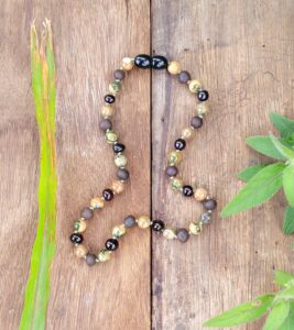 Unpolished & Polished Cherry Baltic Amber with Rhyolite Gemstones 31cm Baby/Toddler Necklace