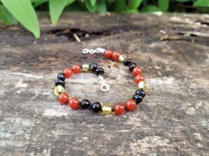 Tri-Colour Red Agate Gemstone with Yellow & Cherry Baltic Amber Adjustable Child Bracelet/Anklet