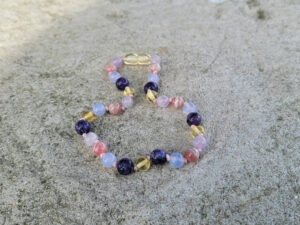 Lemon Baltic Amber, Ameythst, Blue Lace Agate, Rhodochrosite & Charoite Gemstones Adults Anklet