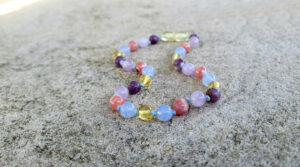 Lemon Baltic Amber with Amethyst, Lepidolite, Blue Lace Agate and Rhodochrosite Gemstones Adults Anxiety 27cm Anklet.