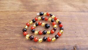 Tri-Colour Red Agate Gemstone with Yellow & Cherry Baltic Amber Baby/Toddler Necklace