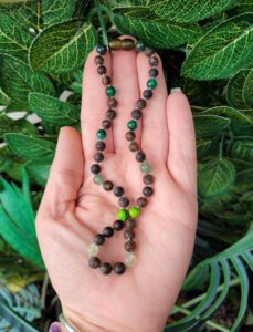 Blue and Green Gemstones with Unpolished Green Baltic Amber 33cm Baby/Toddler Necklace.