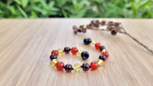 Tri-Colour Red Agate Gemstone with Yellow & Cherry Baltic Amber Baby/Toddler Anklet