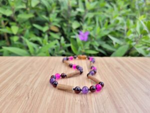 Cherry Baltic Amber with Amethyst & Pink Agate Gemstones Hazelwood 32cm Baby/Toddler Necklace