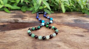 Cherry Baltic Amber with Blue & Green Gemstones 33cm Baby/Toddler Necklace