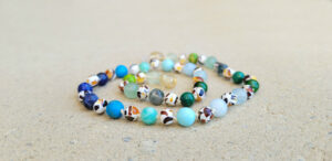 Mosaic Baltic Amber with Green & Blue Gemstones 35cm Child Teething Necklace