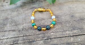 Honey Baltic Amber with Green Gemstones 14cm Baby Anklet