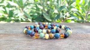 Butterscotch & Cherry Unpolished, Polished Cognac Baltic Amber with Blue Turquoise, Chrysoprase, Tiger’s Eye Gemstones 32cm Baby/Toddler Necklace