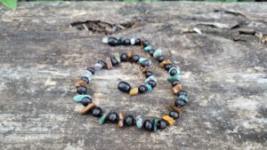 Unpolished Baltic Amber with Moss Agate, Tiger’s Eye & African Turquoise Gemstones 32cm Toddler Necklace