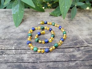 African Jade & Lapis Lazuli Gemstones with Honey Baltic Amber 33cm Toddler Necklace